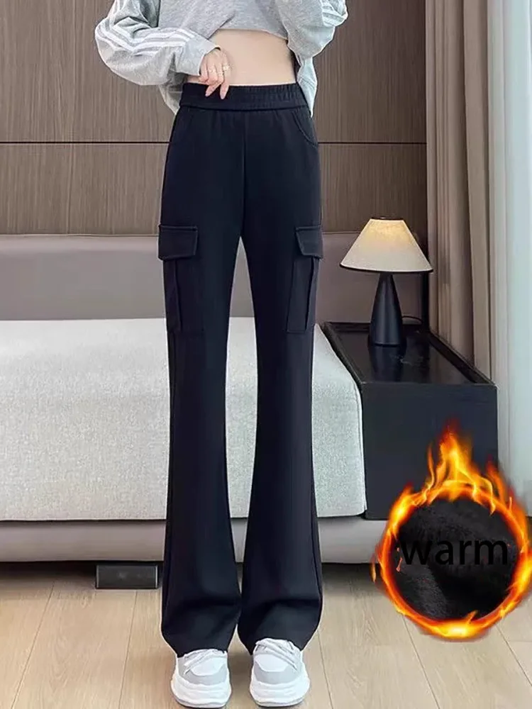 Velvet Thickened Warm Cargo Bootcut Pants Elastic Women's Casual Straight Pantalones Loose Wide Leg Sweat Trousers Hosen