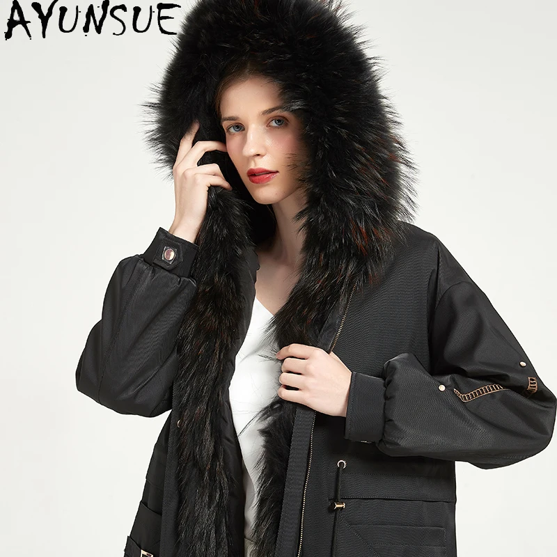 AYUNSUE Parka in vera pelliccia di media lunghezza da donna Cappotto di pelliccia di coniglio Rex Abiti invernali Caldo collo di pelliccia di procione Nuovo in cappotti Пblogто Жletiе