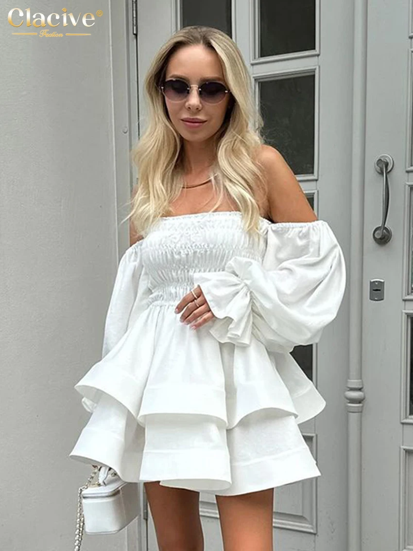 Clacive Sexy Loose White Cotton Women Dress Fashion Slash Neck Long Sleeve Mini Dresses Elegant High Waist Pleated Female Dress