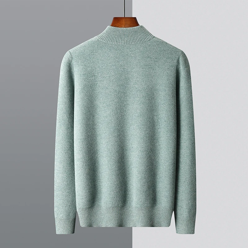 2024 Classic Casual Men's Cashmere Half High Collar Cardigan Long Sleeve Zipper Knitted Pattern High Quality Soft Warm Sweater