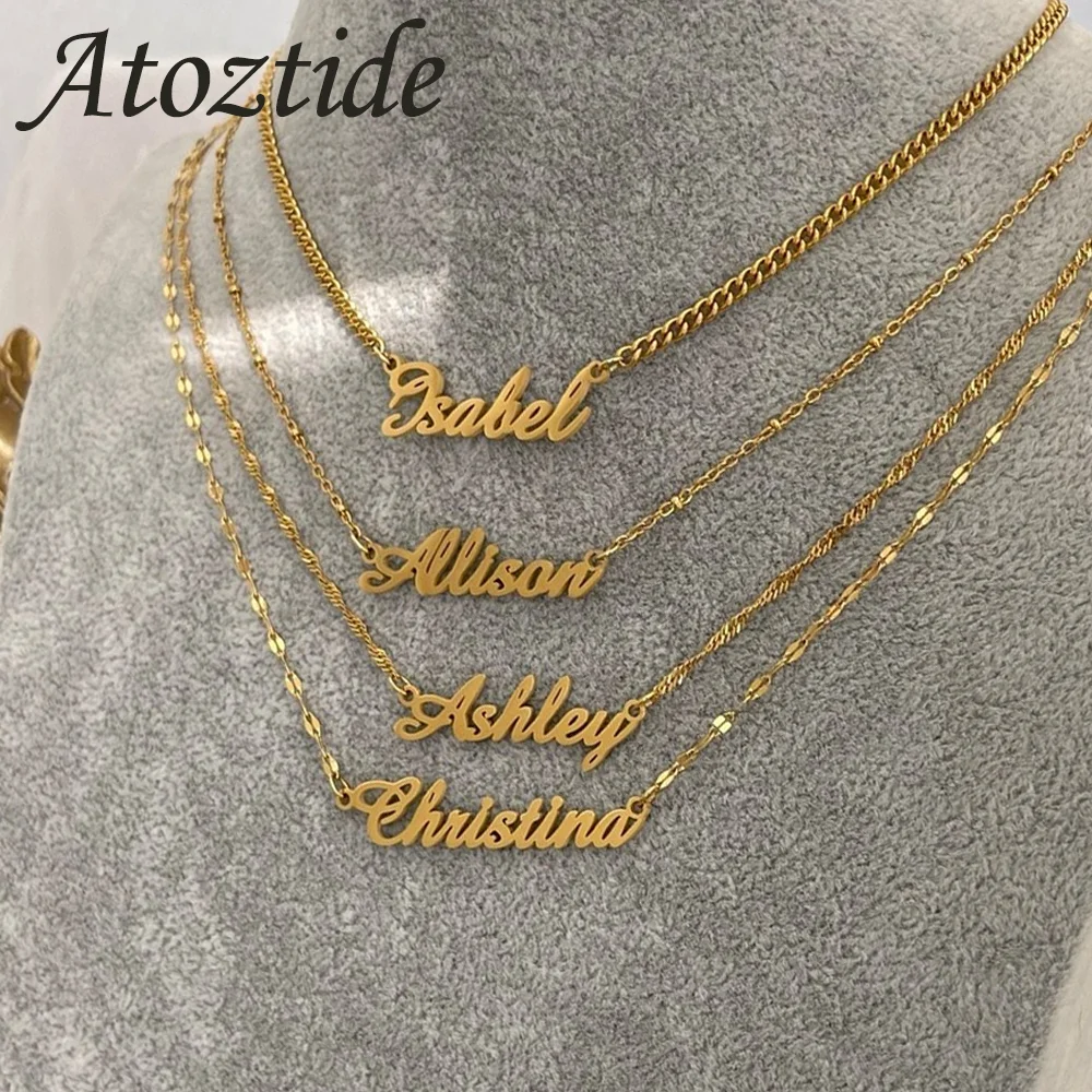 

Atoztide Custom Name Necklace for Women Stainless Steel Jewelry Hot Selling Chain Choker Mother Kids Personalized Nameplate Gift