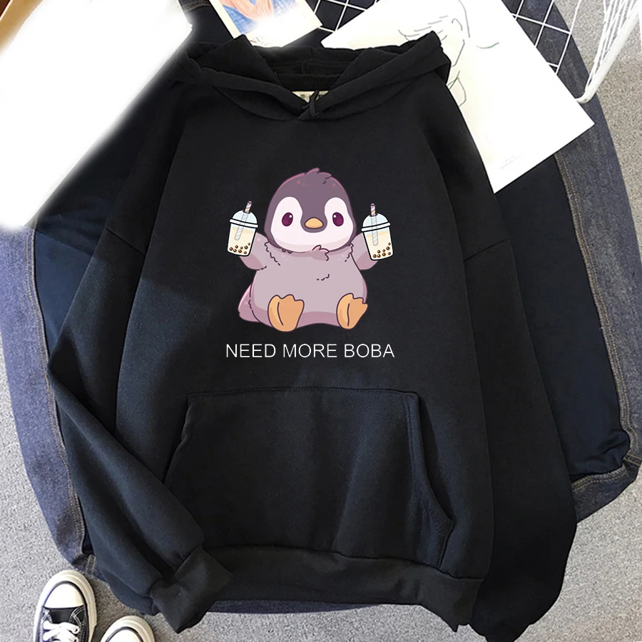 Cute Penguin Boba Tea Print Hoodies Men Woman Streetwear Hoodie Oversized Hooded Sweatshirts Pullover Unisex Tracksuit Clothing