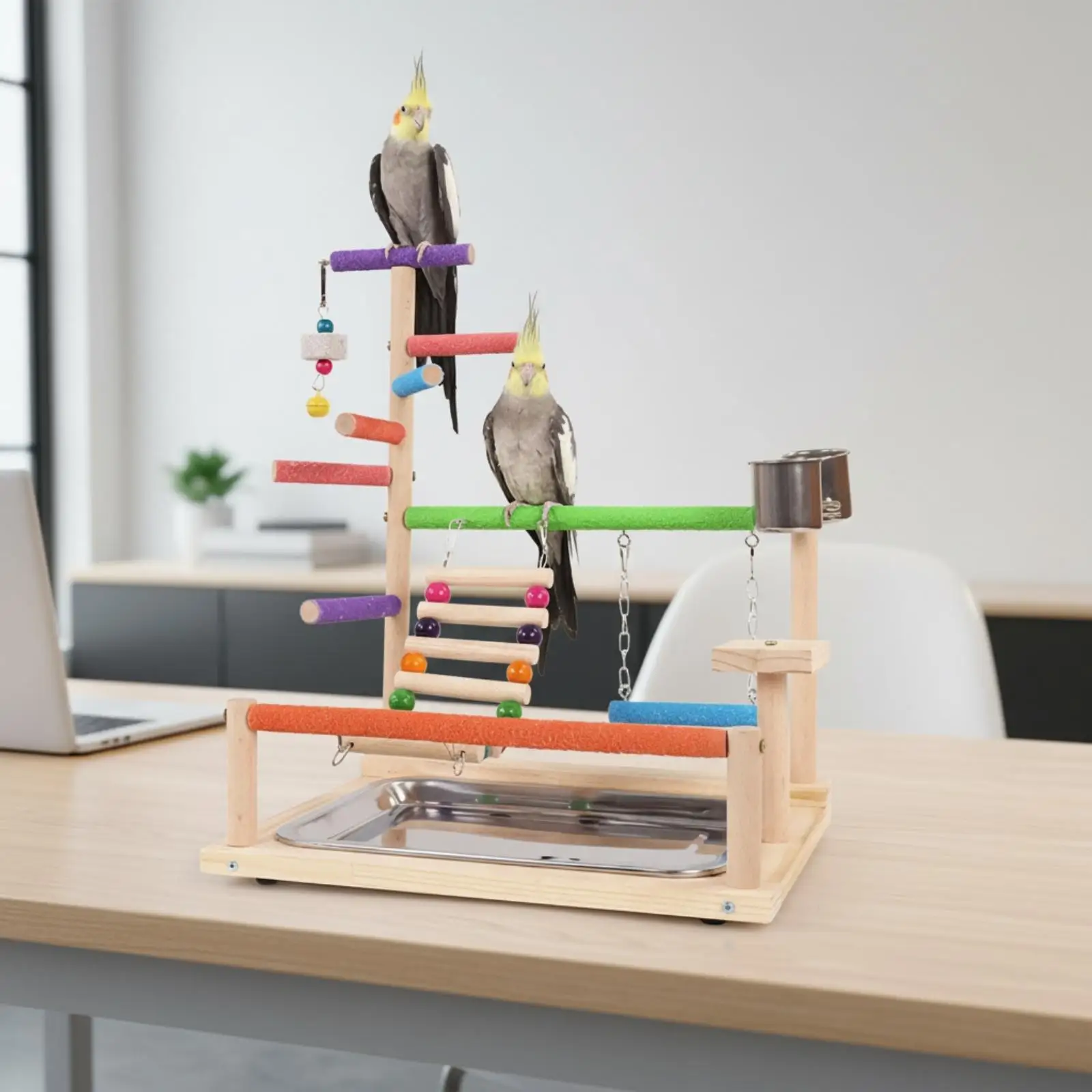 Parrot Playstand Tabletop Parrot Play Stand Bird Playstand with Feeder Cups Non Pet Supply Textured for Parrots, Desk