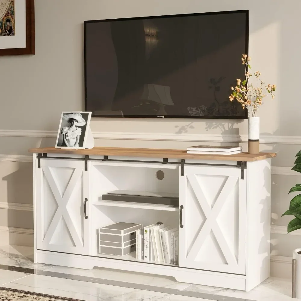 TV Stand for 65 Inch TVs with Storage Cabinets and Adjustable Shelves, Modern Farmhouse Barn Door TV Stand