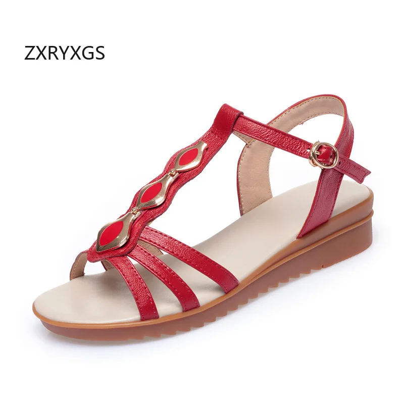 

ZXRYXGS 2026 New Summer Bohemian Style Real Leather Sandals Comfortable Soft Sole Non-slip Wedges Flat Sandals Women Plus Size