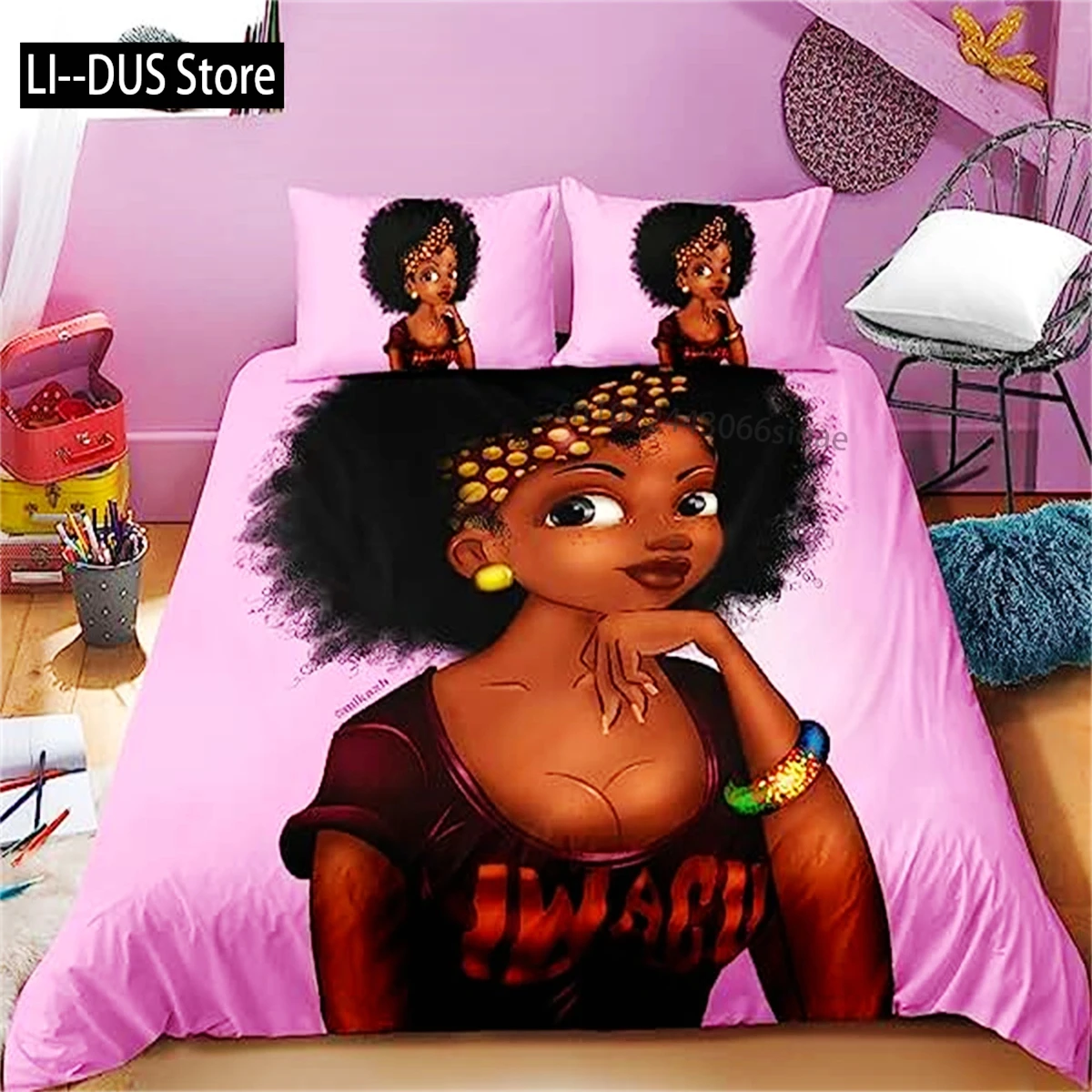 

African American Black Girl Duvet Cover Black Girl Magic Bedding Set Cute Little Afro Black Princess Bed Cover Girl Room Decor