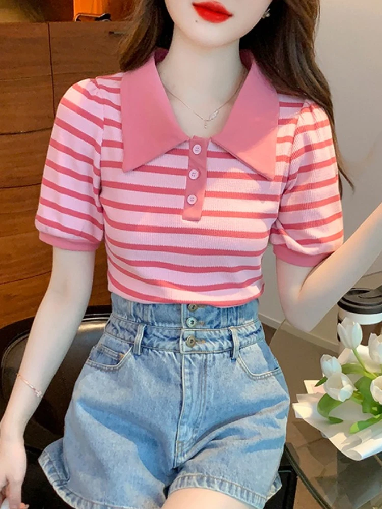 Lapel Short Sleeve Tshirts Summer Women Slim Short Striped Pullover Tops Chic Female Casual Tees