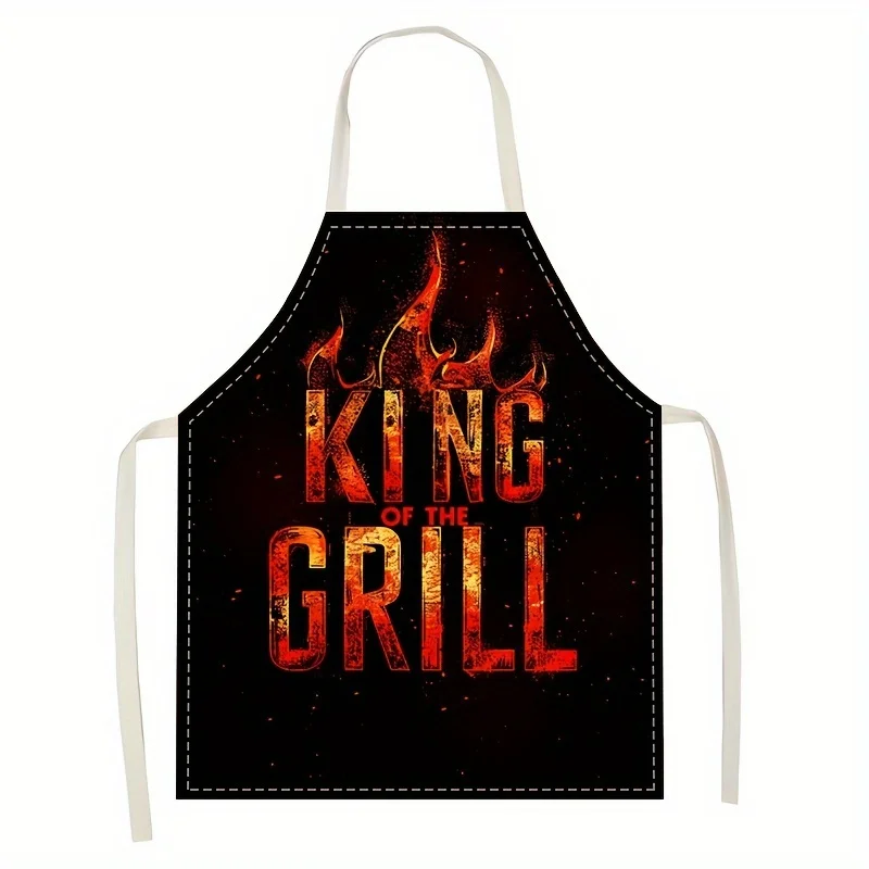1pc, King of the Grill BBQ Apron Linen Kitchen Cooking Baking Party Gift Home Decor Fire Flame Print Men Gift