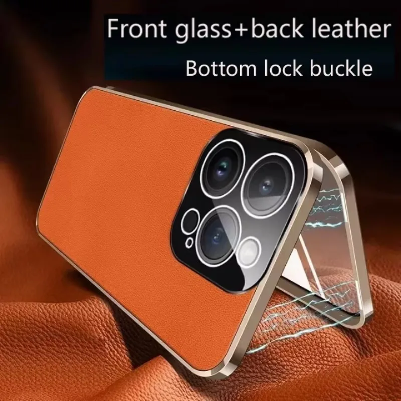 

360 Full Lens Protection Metal Bumper Front Glass Cover Case for IPhone 16 Plus 15 Pro Max Back PU Leather Phone Cases