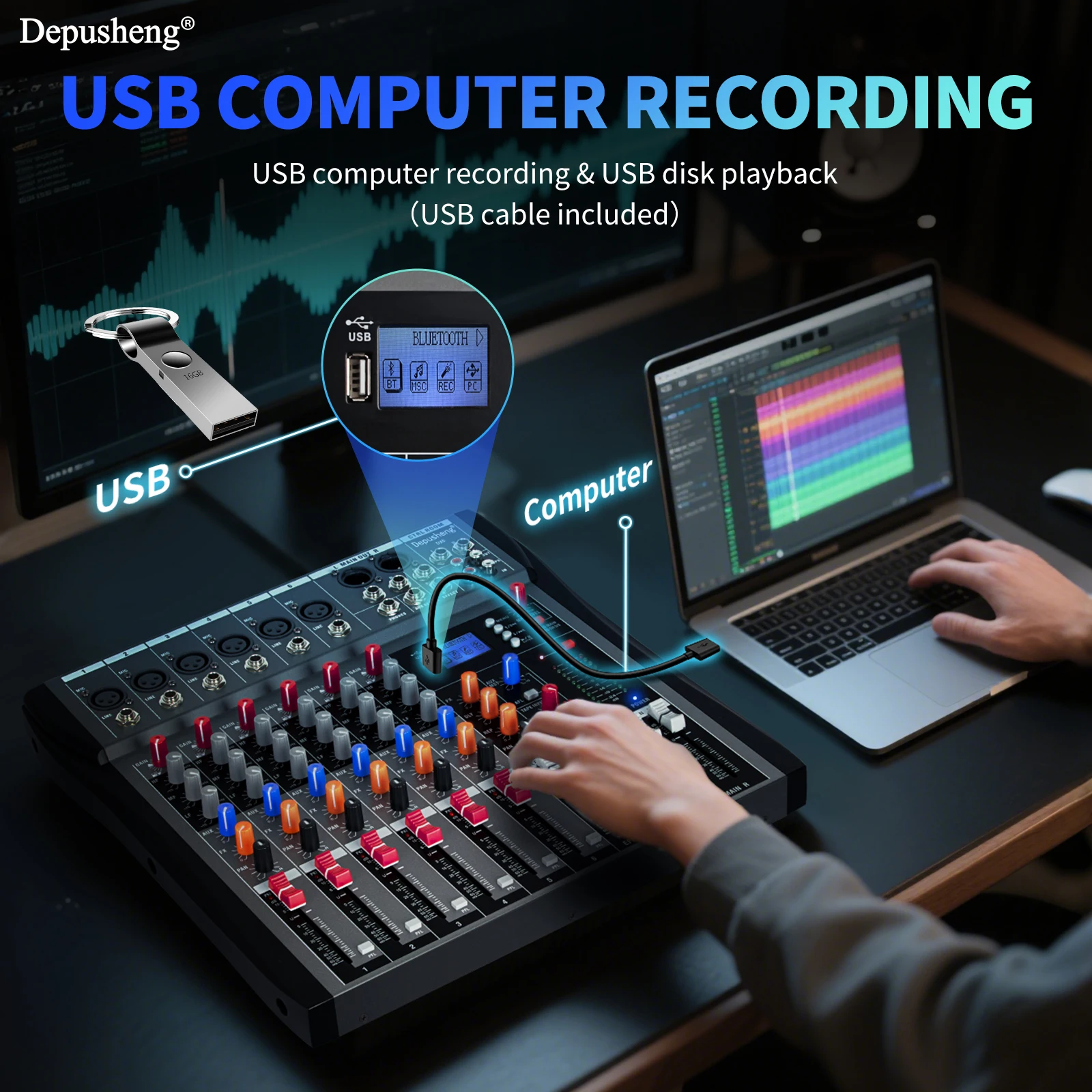 전문 오디오 믹서 Depusheng DX6 6 채널 사운드 보드 콘솔, Bluetooth USB PC 녹음 입력 48V 전원