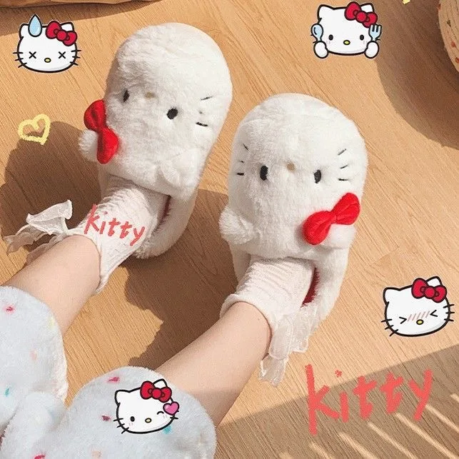 

Домашние плюшевые тапочки в стиле аниме «Hello Kitty», зимние женские теплые домашние нескользящие меховые тапочки Cinnamoroll, домашние тапочки для девочек