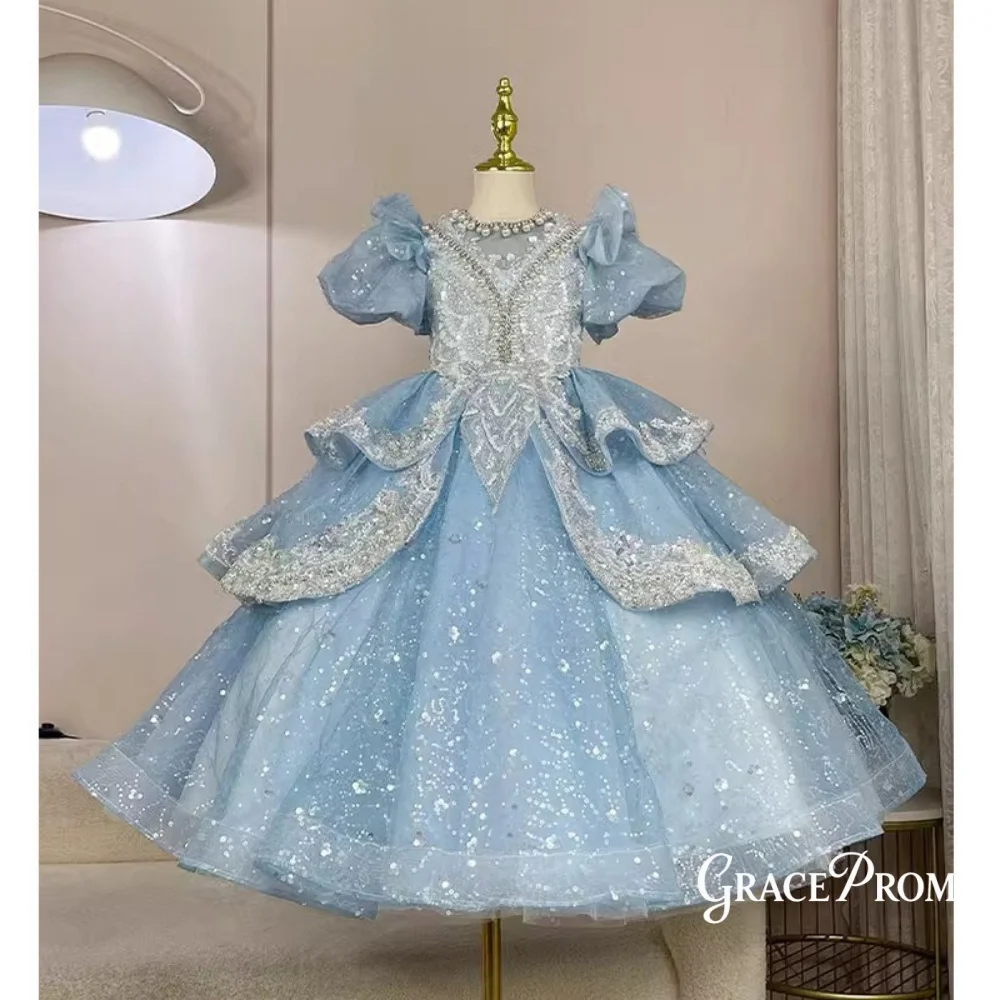 Elegant Blue Sequin Flower Girl Dress Puff Short Sleeve Beaded Bodice Ruffled Layered Skirt Kids Princess Wedding Pageant Gown