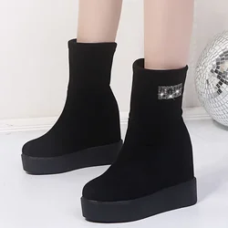 Thick Sole Short Boots Women's 2024 New Autumn Winter High Heel Inner Elevated Mid Sleeve Elastic Boots Show Thin Women's Boots
