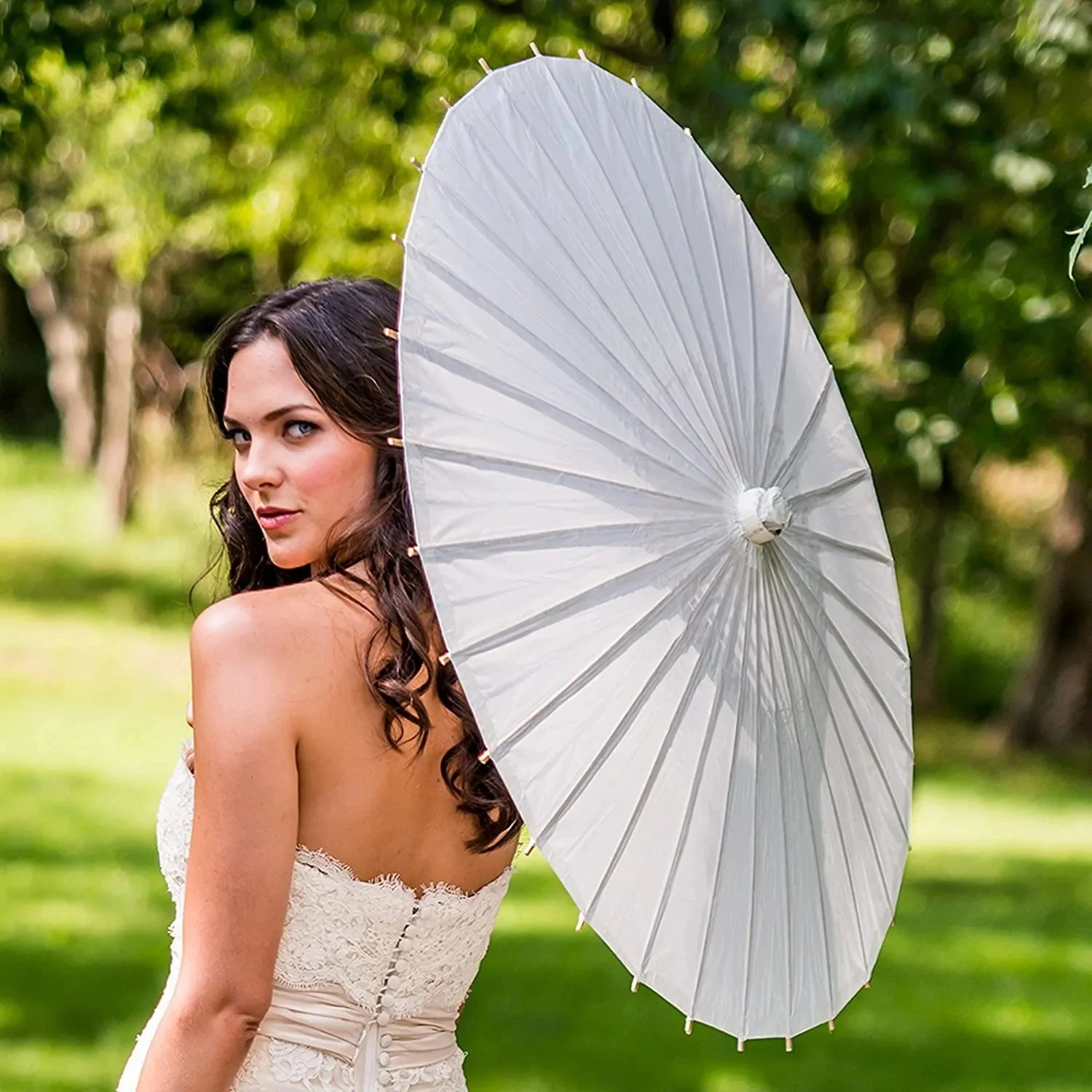 Sombrilla de papel blanco de mango largo, 50 piezas, paraguas de papel artesanal chino para fotografía de boda, accesorio de decoración de fiesta