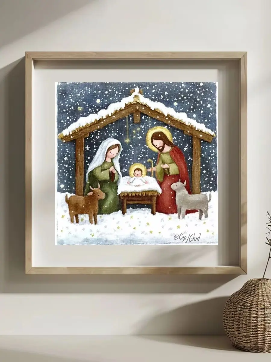 1 Stück 30x30cm/11,8 Zoll, 11Ct/14Ct Kreuzstich-Set, DIY Valentinstagsgeschenk, Stickerei-Set für Festlichkeiten, verschneitete Krippe Joseph Maria – Detail 1