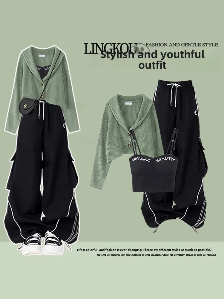 

Casual Autumn Three-Piece Set Women's Style High Waist Wide Leg Pants Knitted Top with Belt Fashionable Adult Outfit