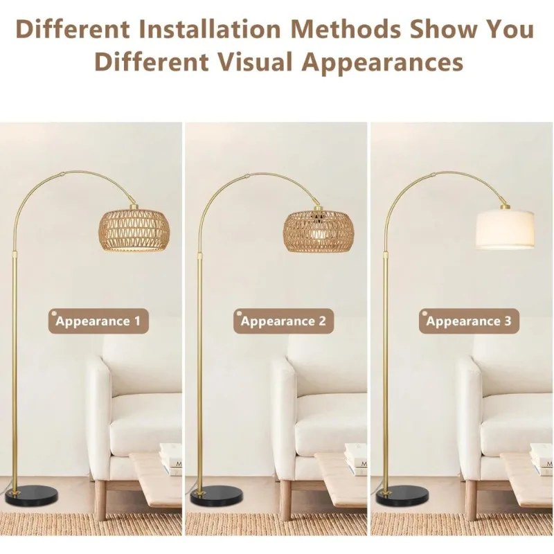 Arc Floor Lamp With Rattan Fabric Shades 3 Color Temp Remote App Control For Living Room Bedroom Reading