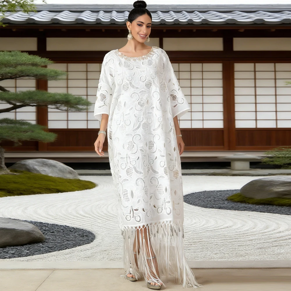 

Белое ажурное платье с вышивкой и рукавами «летучая мышь», длинное платье с бахромой, женские мусульманские платья, дубайская абайя, турецкий кафтан, праздничное платье для Ид, джеллаба, гаун