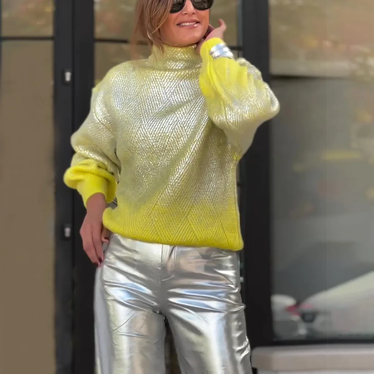 Metallic Color Turtleneck Sweater For Women Elegant Loose Long Sleeve Silver Pullover 2024 Autumn Female Fashion Casual