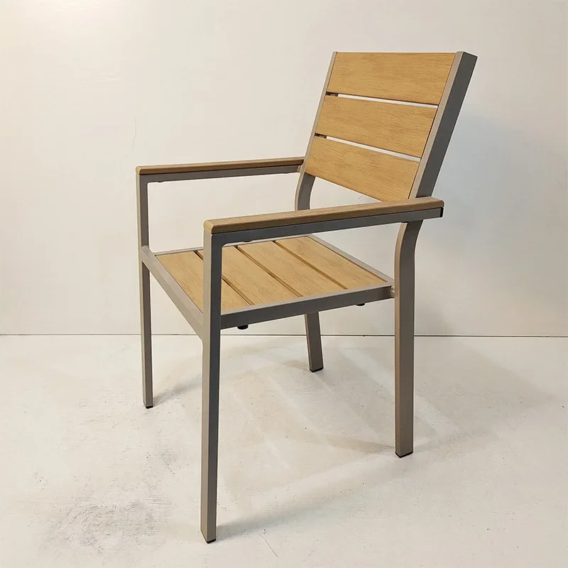 Outdoor balcony courtyard garden imitation wood dining chair, stackable plastic wood chair with armrests 5 in a group