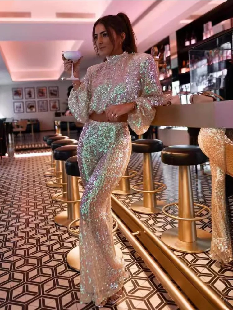 New Autumn Women's Clothing,colorful Mermaid Beads Two-piece Set,lantern Sleeve Top+micro Flared Pants,nightclub,bar,street Wear