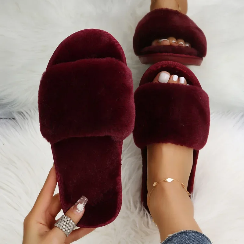 

Plush Slippers for Women in Autumn and Winter New Indoor Lazy One Word Plush Slippers Flat Bottom Home