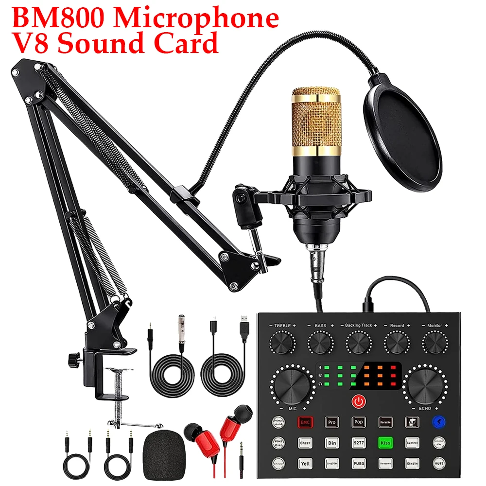 BM800 Microphone Kit with V8 Sound Card Suspension Scissor Arm Shock Mount and Pop Filter for Studio Recording Podcast Equipment