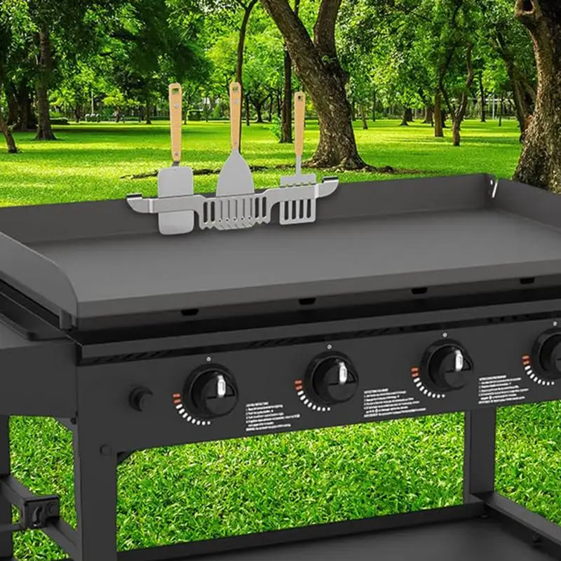 Soporte para espátula para plancha, soporte para espátula antideslizante, estante multifuncional para herramientas para barbacoa, accesorios para barbacoa de acero inoxidable