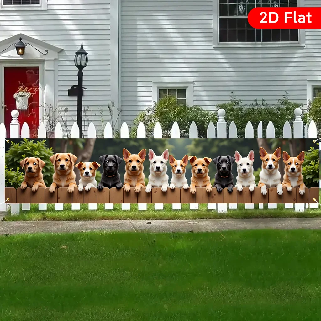 Cute Dogs on Fence Party Banner - Single Piece Large Puppies Pattern Indoor Outdoor Yard Garden Hanging Decoration Polyester