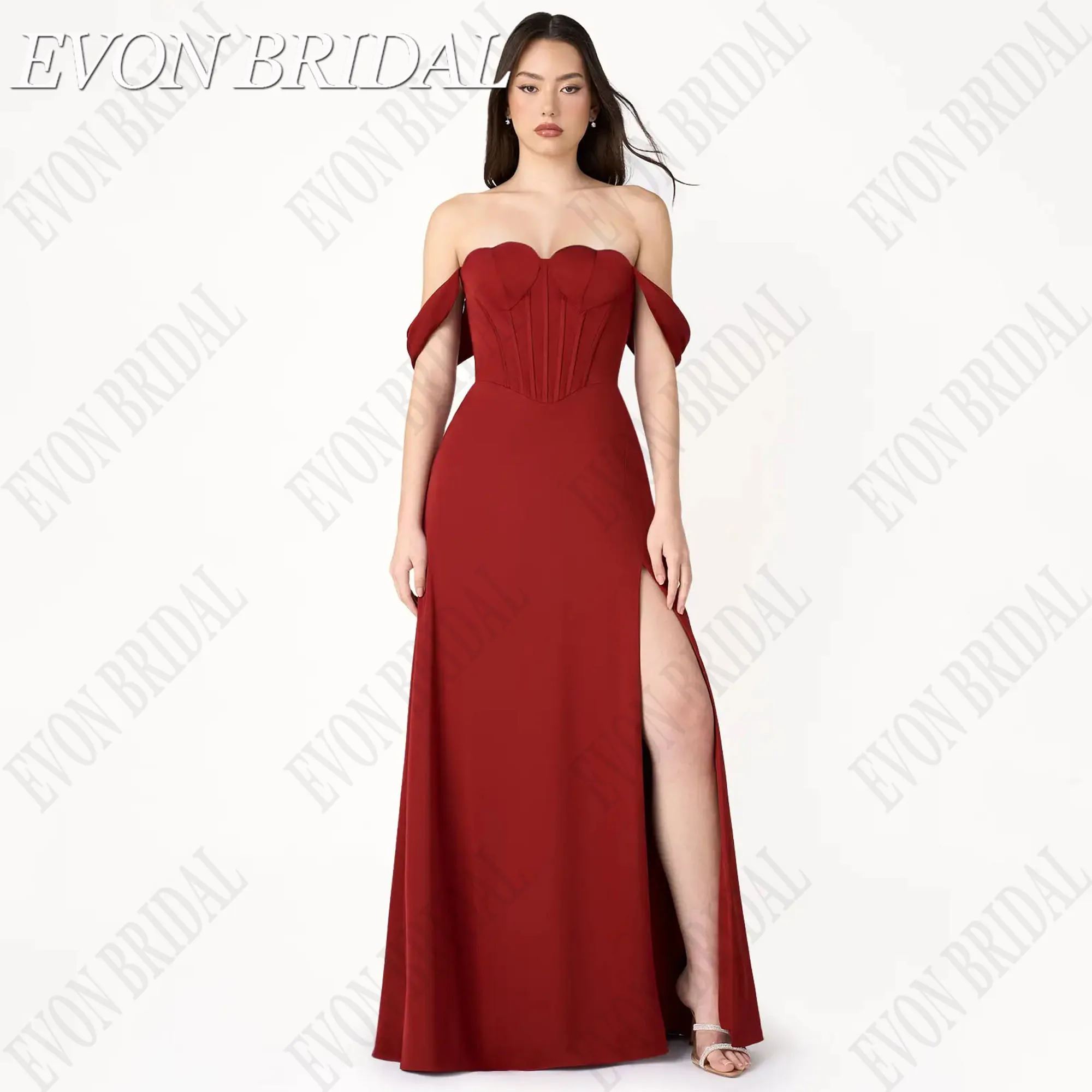 Evon bridalセレブの赤いカーペットドレスピンセットオフショルダーフォーマルなシーンAラインサイドサイドスリットサテンレースアップカスタマイズ 有名人のレッドカーペットワンピースデコルテフォーマルドレスA字型サイドステッチサテンリボンカスタム