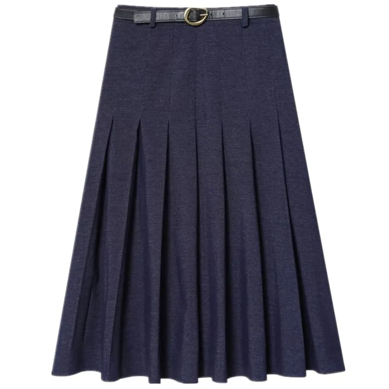 Fall 2025 New Women's Design Sense Denim Pleated  Skirt with Belt mid Waist A-Line Skirt Stand Fit Casual Wear