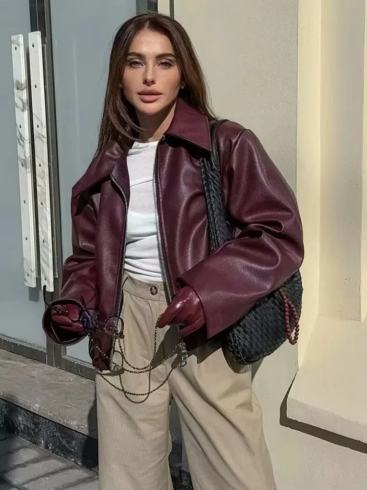 HH Women Autumn Fashion Burgundy Faux Leather Jackets Zipper Casual Lapel Long Sleeves Coat Female High Street PU Outerwear