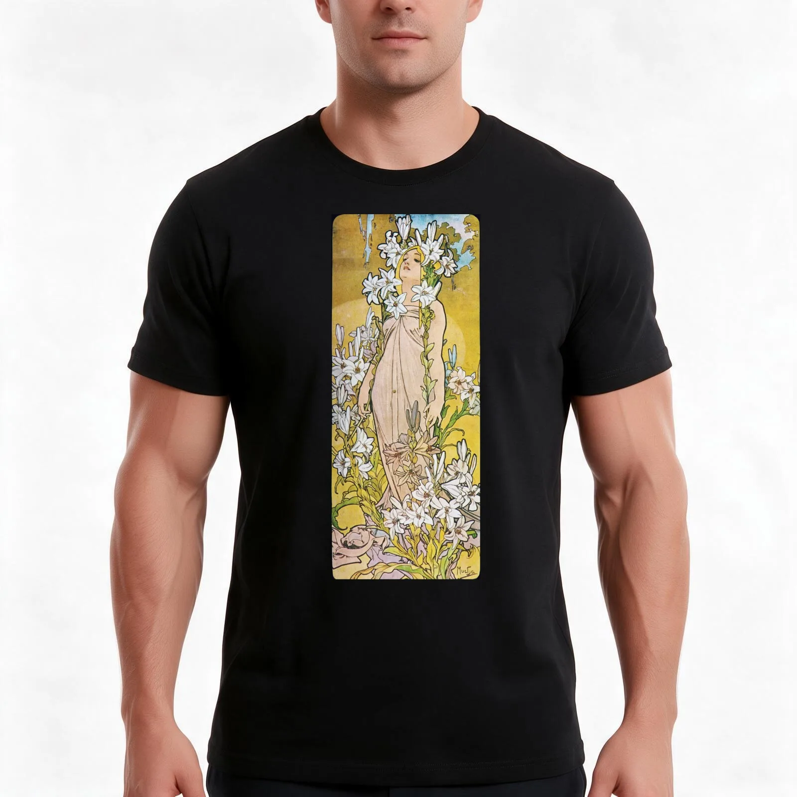 Alphonse Mucha - Lily T-Shirt, Summer Casual Cotton Tee, Oversized Streetwear Tops, Vintage Graphic Print, Unisex Men Women