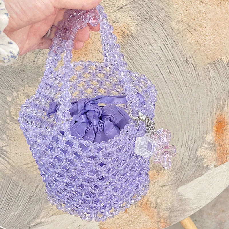 Women Beaded Summer Bag Hollow-out Woven Bead Handbag Small Bucket Bag No Pendant