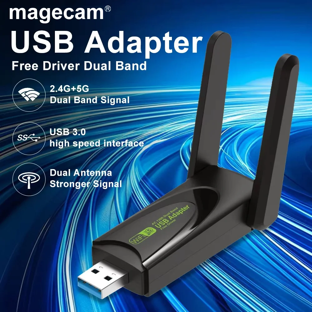 

Magecam USB 3.0 WiFi Adapter 1300Mbps Network Card Dual Band 2.4G/5GHz Wireless Receiver Transmitter For Desktop Laptop PC