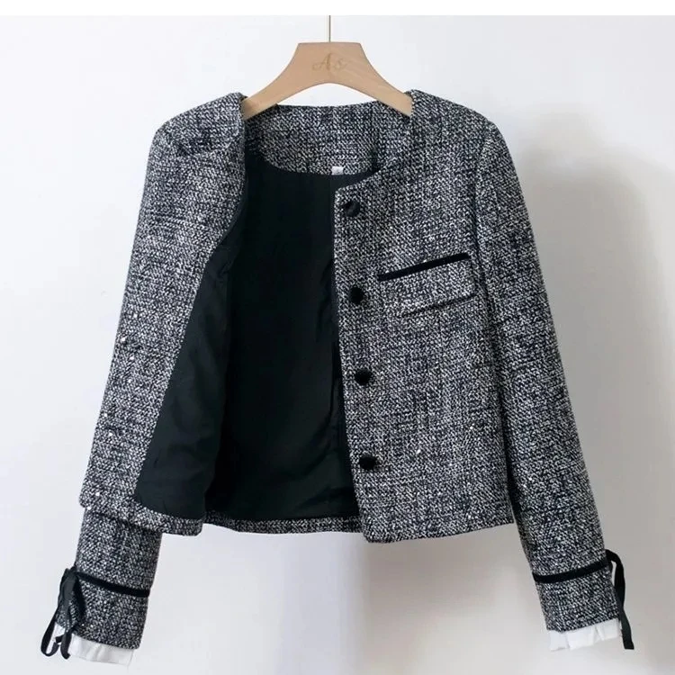 

Fashionable Grey Small fragrant style Jacket 2026 Spring Autumn New Women's Temperament Round neck Short coarse tweed Coat