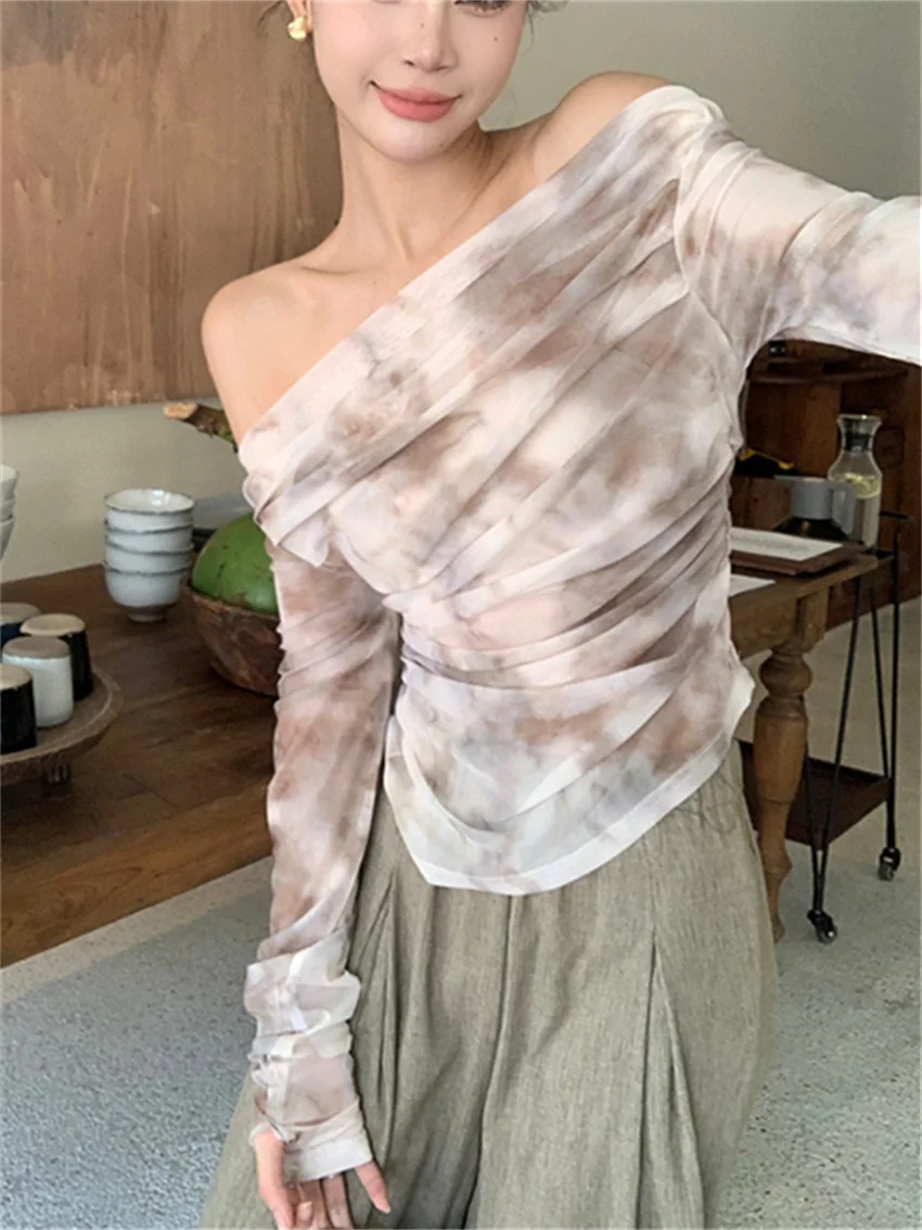 - Azaleeka tie-dying camisetas femininas chique magro novo outono slash neck casual senhora do escritório streetwear todos os jogos moda camisetas
