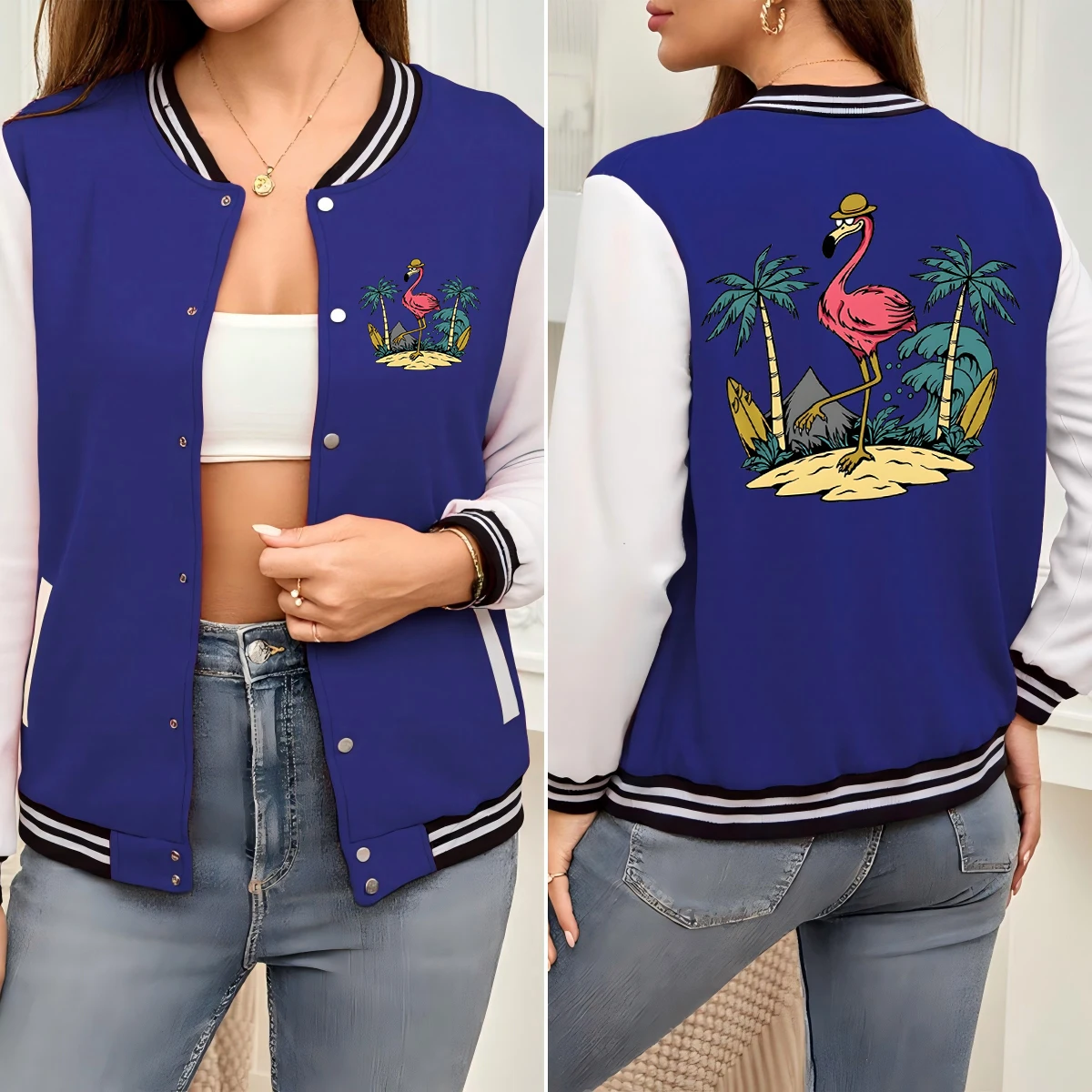 

Flamingos Living In The Tropics Printed Jackets Women Loose Autumn Baseball Uniform Colorful Cotton Streetwear Soft Clothes