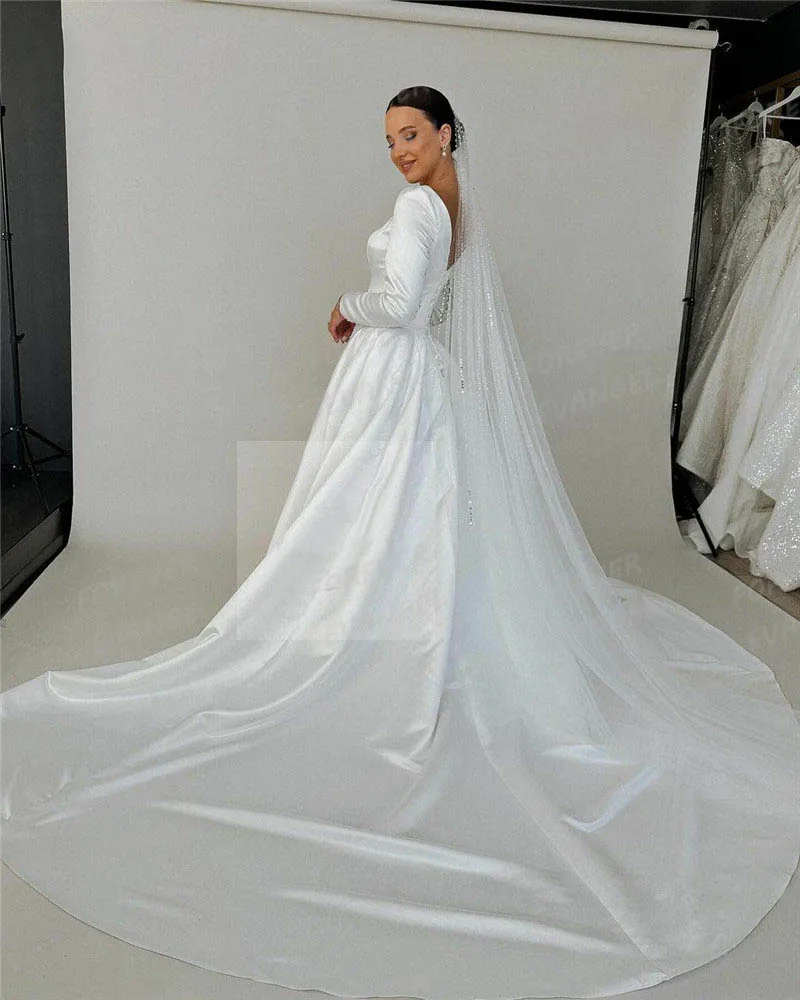 Formal Simple Wedding Dresses Woman's A Line Sexy Smooth Satin Long Sleeve Sweep Train Bride Gowns Customized Vestidos De Noche