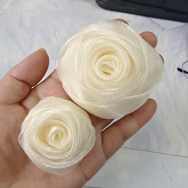 5PCS 6.5CM/4.5CM Handmade Organza Chiffon Fabric DIY Rose Flower Headwear Hat Dress Clothes Decoration Hair Accessories