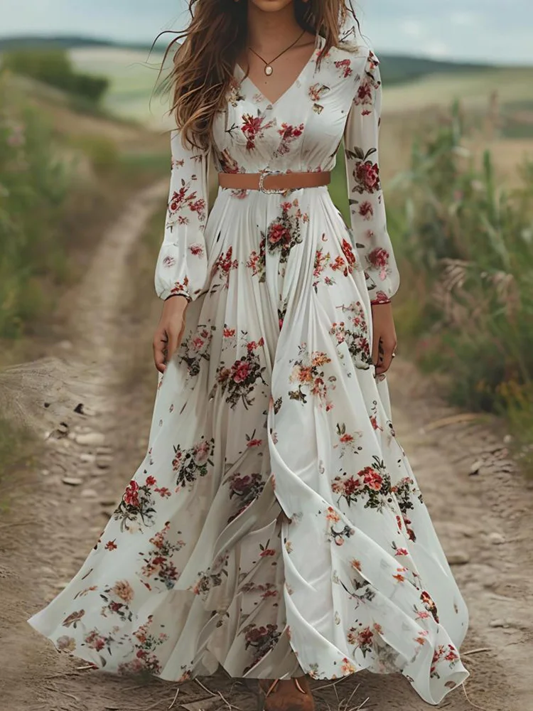 

Elegant V Neck Simple Patchwork Maxi Dress, Spring Summer Women Print Casual Holiday Dress, 2025 Long Sleeve Lady Dress Vestidos