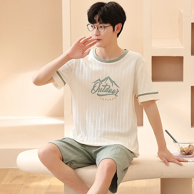 Summer Fashion Men's Cotton Pajamas High Quality L-3XL Stripe Print Sleepwear Pajama Set Elastic Shorts Home Clothing for Men