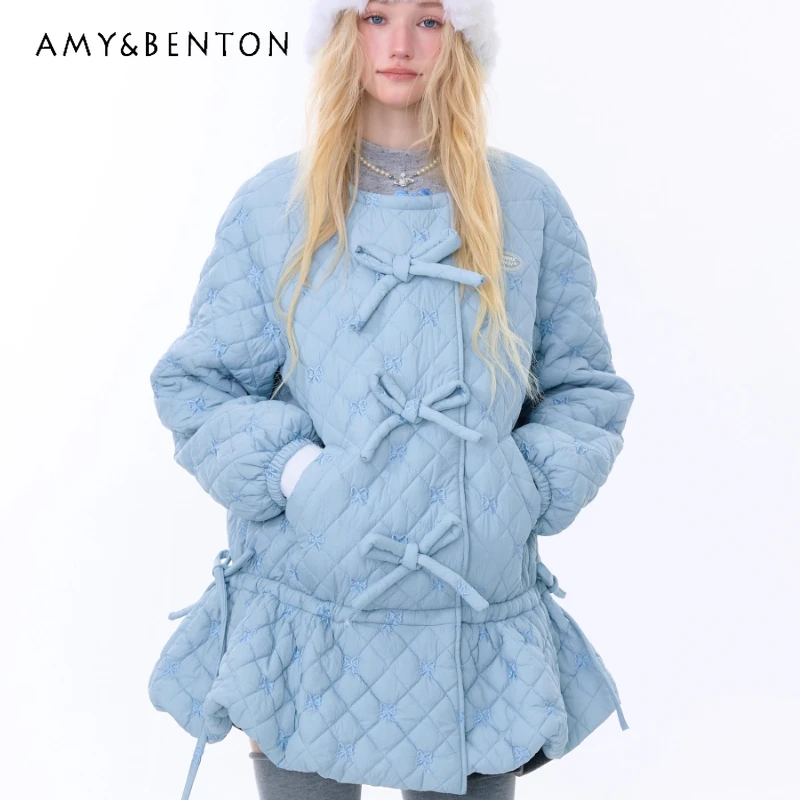 

2025 Autumn Winter New Blue Bow Embroidered Women's Mid-Length Coat French Retro Design Thickened Warm Cotton Jackets Ladies