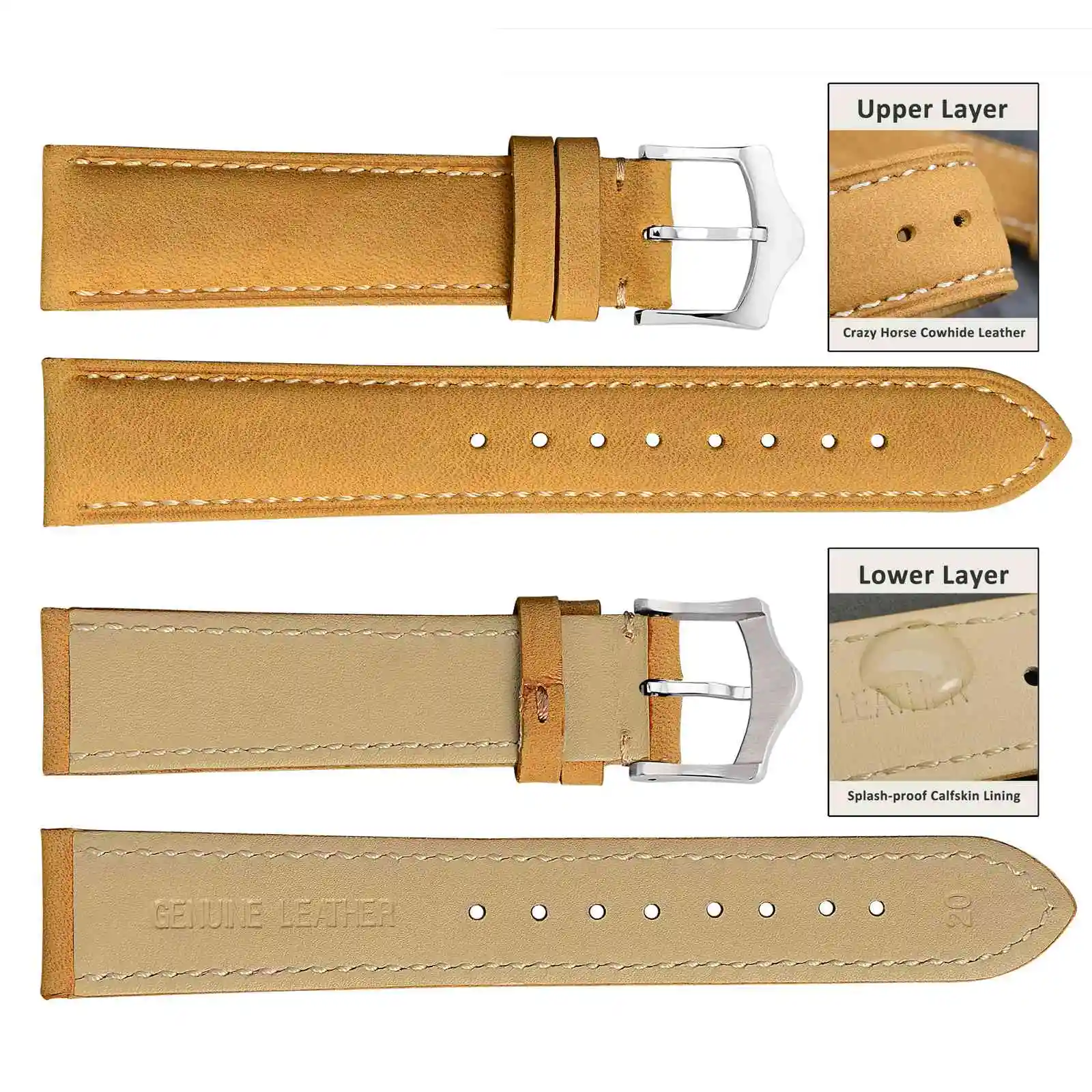 ANBEER Leather Watch Strap 18mm 20mm 22mm Traditional Watches Repalcement watch band Gold Stainless Steel Buckle