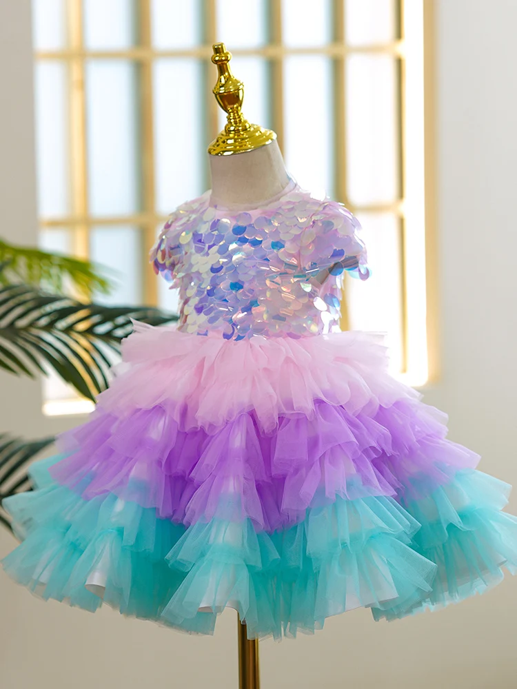 Little Girls Elegant Luxury Ball Gown for Weddings Pageant Multicolor Sequin Fluffy Short Dresses Children Eid Cute Party Dress