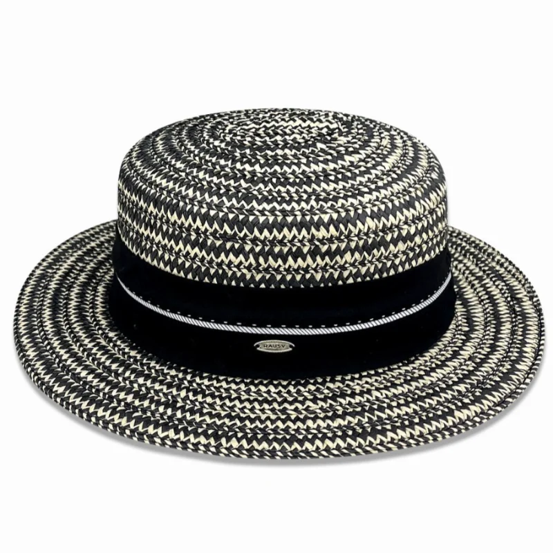Elegant Two Tone Woven Straw Boater Hat Women Flat Top Wide Brim Summer Sun Protection Beach Hat Women's Flat-brimmed Sun Hat