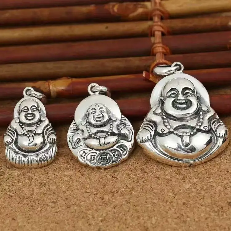 100% 925 Silver Laughing Buddha Charm Pendant Sterling Buddhist Happy Buddha Pendant Good Luck Amulet