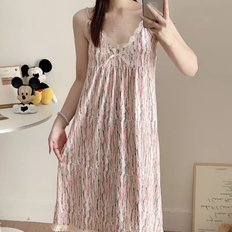 new Summer Women Pajamas Camisole Sling Nightgowns Girls Sweet Loose Wrinkle Fabric Loungewear Lady Padding Floral Nightgowns