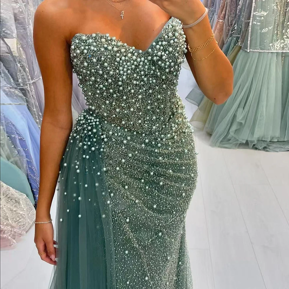 Luxury Dubai Arabic Mermaid Beaded Evening Dress 2024 for Women Pearl Sweetheart with split Long Formal Prom Weding Party Gowns