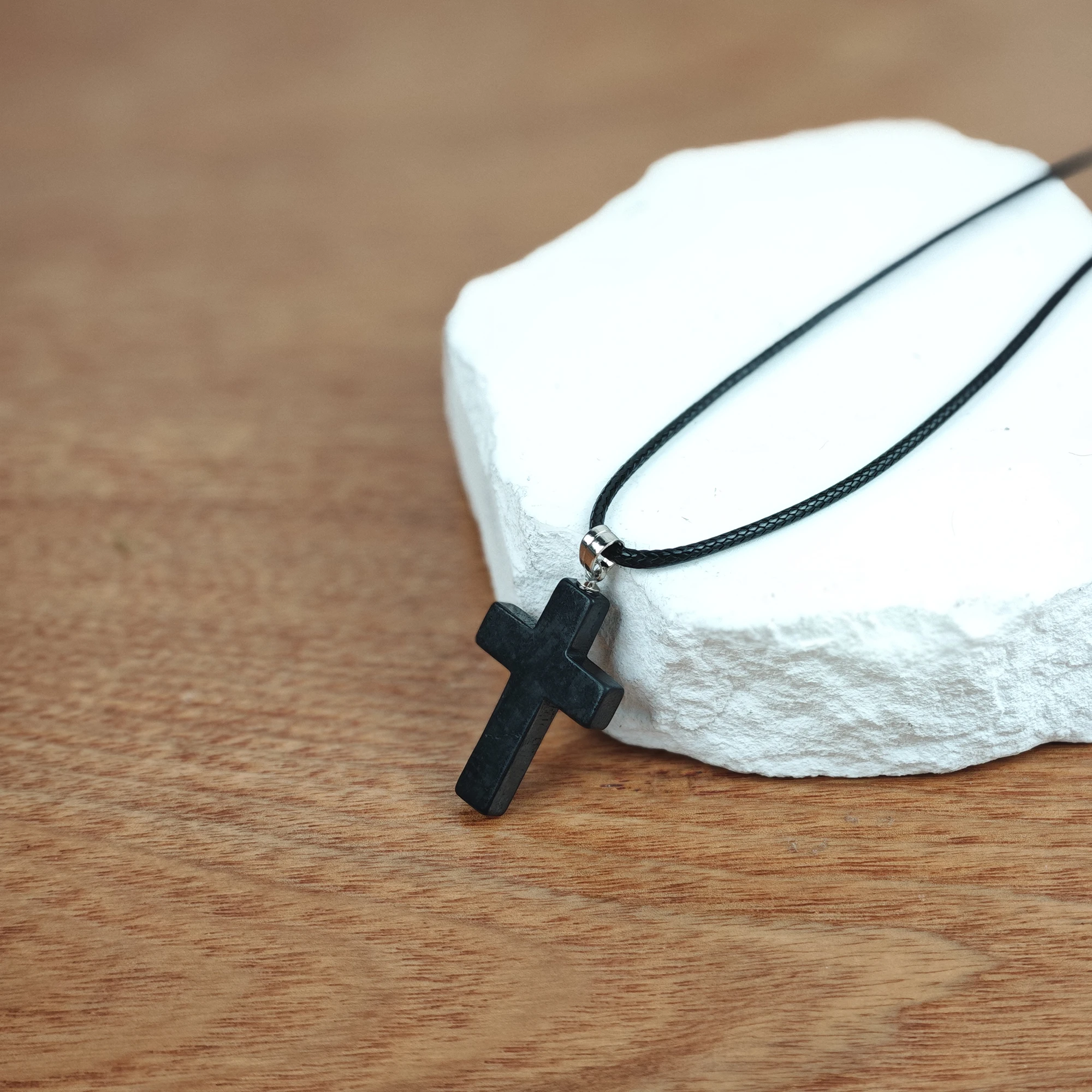 

Genuine Shungite Cross Pendant - Black Crystal Necklace for EMF Protection and Wellness